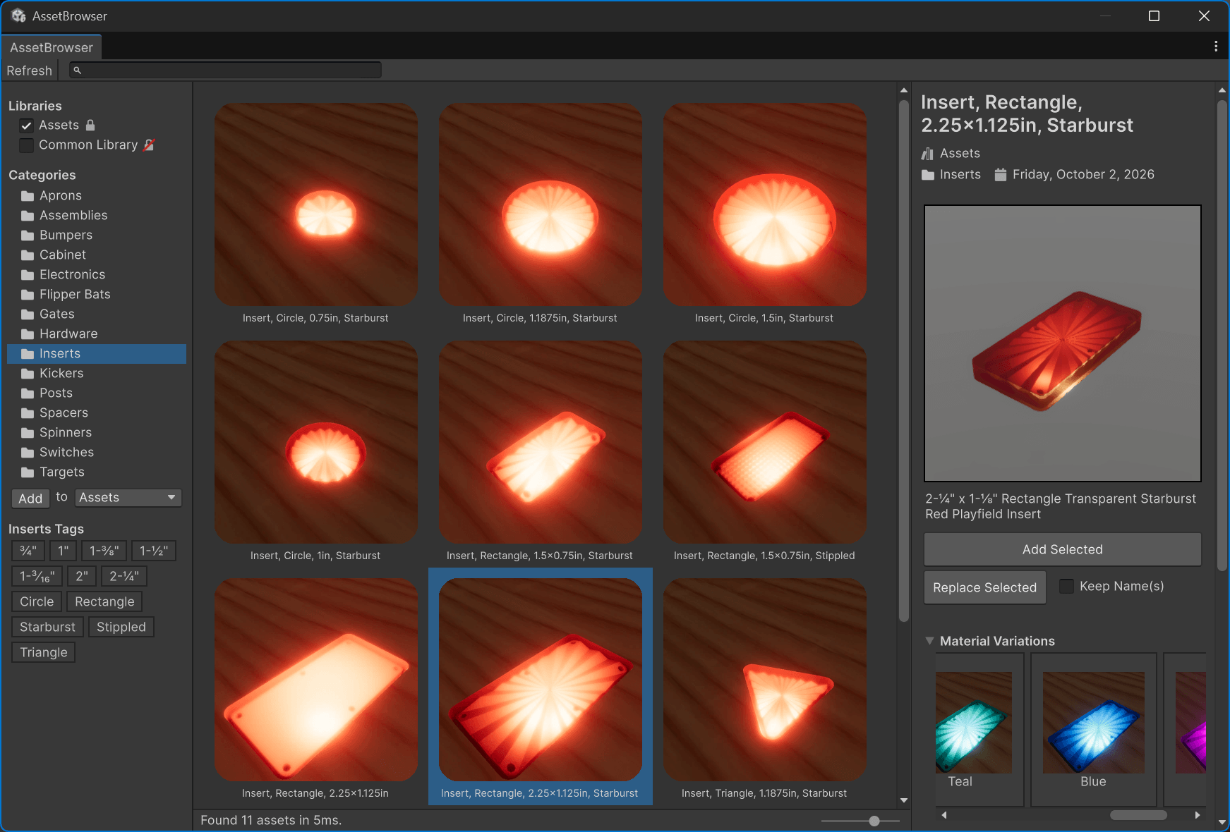 Inserts in the asset library