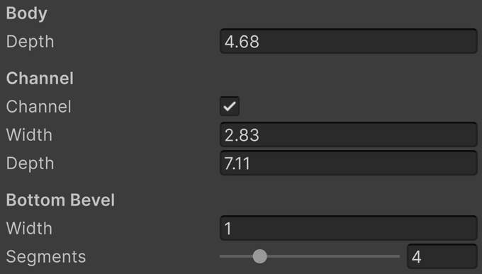 Body, channel, and bottom bevel parameters