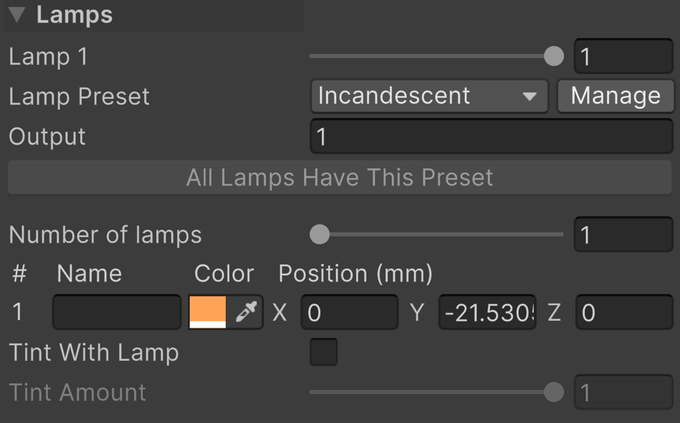 The Lamps section of an Insert Light