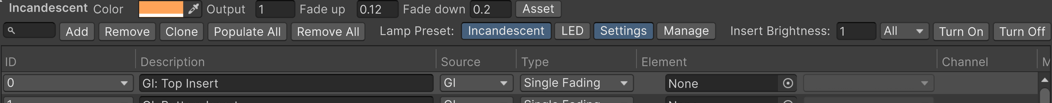 The lamp buttons and settings in Lamp Manager