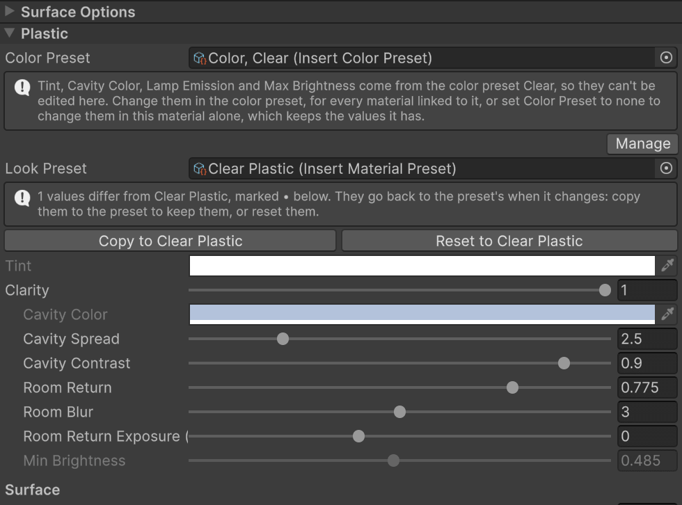 A body material following a color and a look, with one edited value