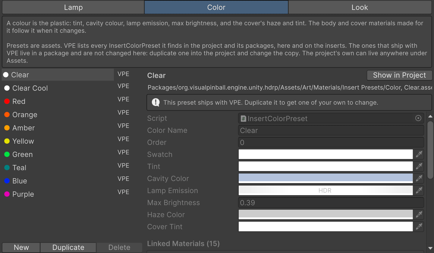 The Insert Presets window on its Color tab