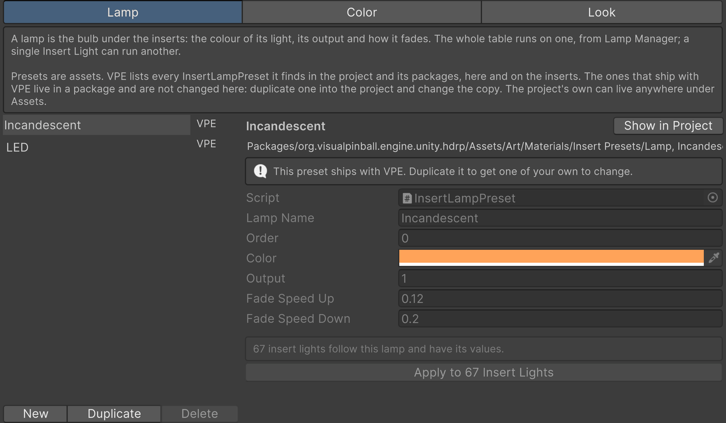 The Insert Presets window on its Lamp tab