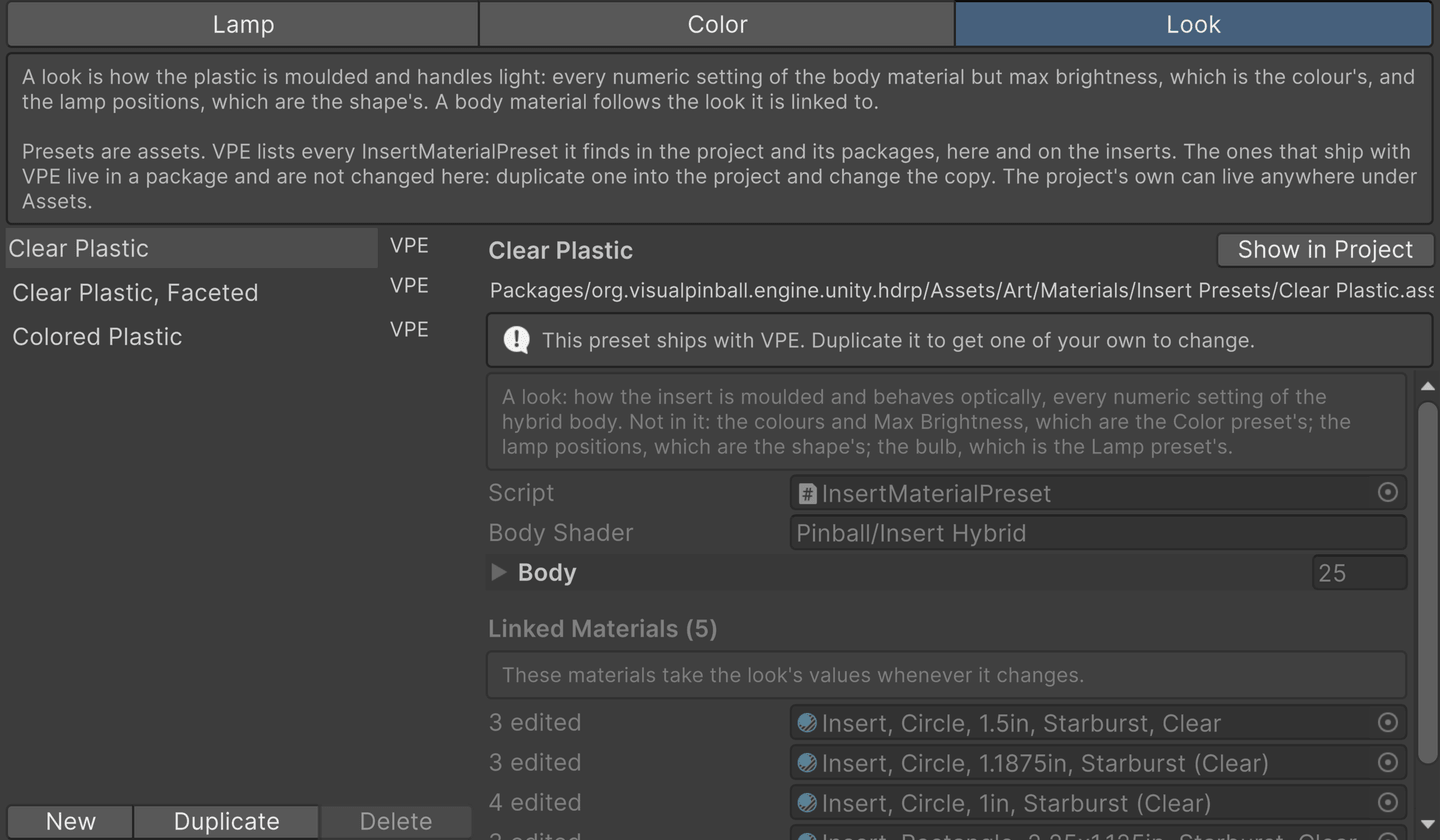 The Insert Presets window on its Look tab